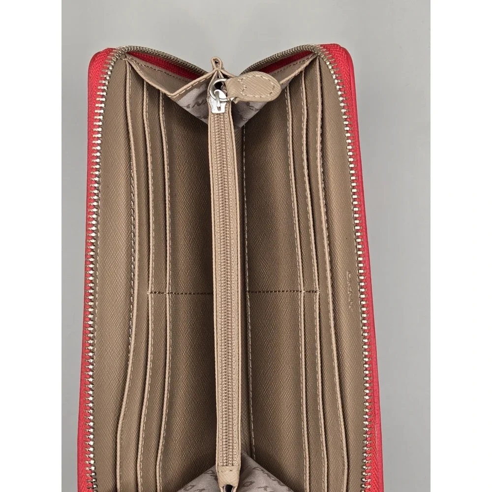 DKNY Logo Monogram Zip Around Wallet Brown Beige Pink Coral Continental